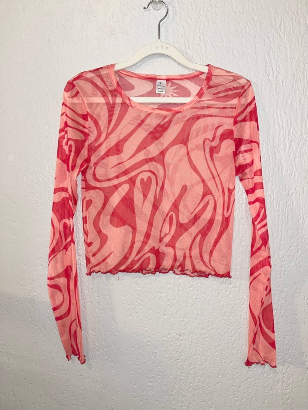 Sheer Pink Swirl Long-Sleeve Crop Top